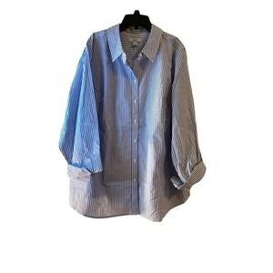 NWT Croft & Barrow Button Up Collared Stripped Blouse Women's White and Blue 1X